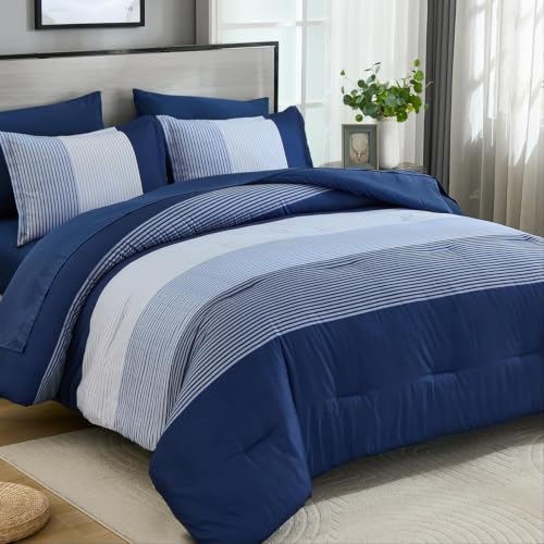 Navy Blue Comforter Set Queen, 7 Pieces Boho Striped Bed in a Bag