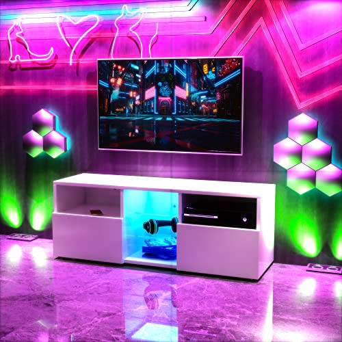 Dmaith Tv Stand With Led Lights, White Tv Stand With Storage And Open Shelves For 40 48 50 55 Inch Tv, Modern High Gloss Entertainment Center Media Console For Living Room, Bedroom #TOP1