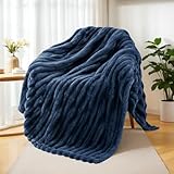Exclusivo Mezcla Fleece Throw Blanket for Couch, Super Soft Striped Jacquard Bed Blanket, Lightweight Fuzzy Cozy for All Seasons, 50x60 Inches, Navy Blue