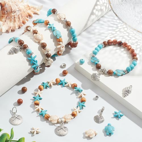 SUNNYCLUE 1 Box 6 Sets Ocean Bracelet Making Kit Sea Turtle Beads Turtle Charm Starfish Charms Wood Beads Summer Ocean Bead Sea Animal Bead Blue Turquoise Shell Beaded for Jewellery Making Kits - Image 4