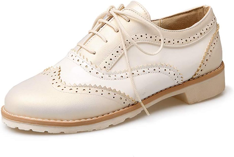 MIOKE Women's Two Tone Flat Saddle Oxfords Shoes Wingtip Perforated Low Heel Lace Up Vintage Oxford Brogues