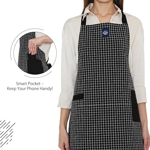 Image of Encasa XO Cotton Cooking kitchen Apron for Women and Men chef apron With adjustable neckstrap, Pocket & Towel Holder for Easy cooking, Baking, BBQ, Gardening- Butcher Checks Black, 68x85 cm