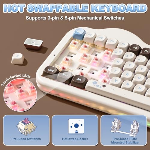 YUNZII C75 ワイヤレス メカニカルキーボード 75%レイアウト ホットスワップ対応 クリーミーキーボード NKRO PBT MOA キーキャップ RGBバックライト ガスケットマウント 可愛いケーキデザイン BT5.0/2.4G/USB-C Win/Mac/ゲーミング対応 (チョコレート色, キャンディ リニア スイッチ)
