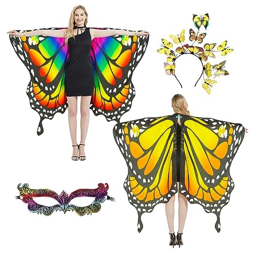 plainshe Lot de 3 capes papillon avec impression recto-verso, ailes de fée, pour adultes, costumes d'Halloween pour femmes, double face 2