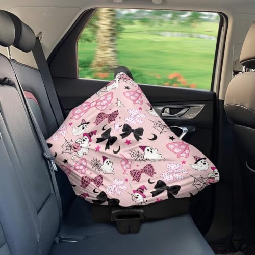 Image of Wanyint Stretchy Nursing Scarf Car Seat Canopy Baby Car Seat Cover, Baby Breastfeeding Stroller High Chair Shopping Cart Cover for Infant Halloween Decor, Cute Ghost Bow Moon Star Pink