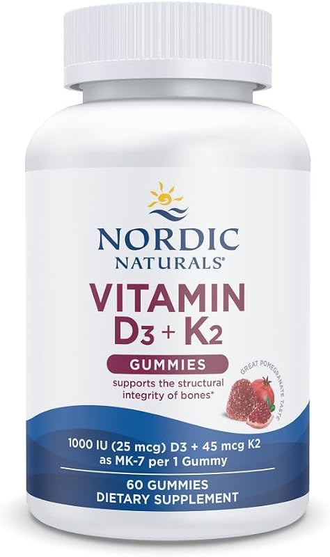 Las gominolas de vitamina D3+K2, granada - 60 unidades | 1000 UI de vitamina D3 + 45 mcg de K2 por gominola apoyan la salud ósea y la función muscular. Sin OGM. Sabor a granada. 60 raciones