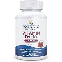 Nordic Naturals Vitamin D3+K2 Gummies, Pomegranate, 60 Count | 1000 IU Vitamin D3 + 45 mcg K2 per gummy supports bone health and muscle function. Non-GMO. Pomegranate flavor. 60 servings