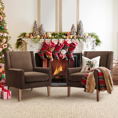 COLAMY Modern Wingback Living Room Chair Set of 2, Upholstered Fabric Accent Armchair, Single Sofa Chair with Lounge Seat and Wood Legs for Bedroom/Office/Reading Spaces, Brown