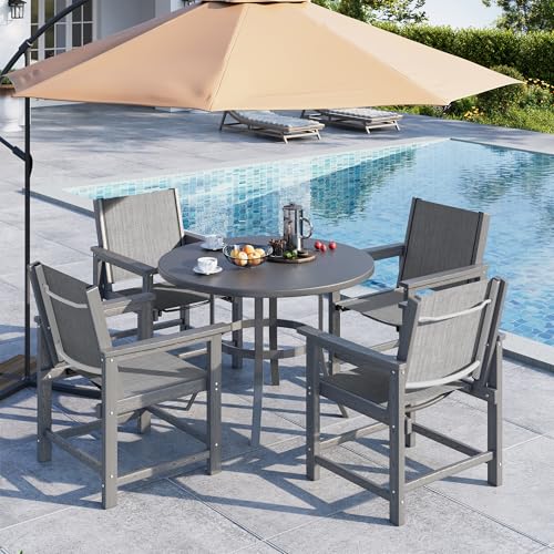 Image of Amopatio Outdoor HDPE Dining Chairs Set of 4 All-Weather Patio Chairs with Textilene Backrest Heavy Duty for Porch Backyard Deck Lawn Garden, Gray