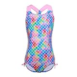 Dayu Girls' One Piece Swimsuit Rainbow Fish Scale Print Bathing Suit Swimwear 10-12