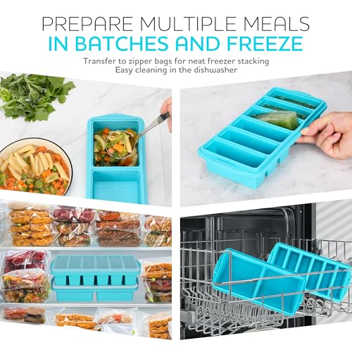 Image of Silicone Freezer Tray With Lid-Soup Freezer Container molds-Large Ice Cube Tray Set Makes 2-Cup & 1 /2-Cup portions cubes Perfect for preparing meals in different portion sizes Oven & Dishwasher -Safe