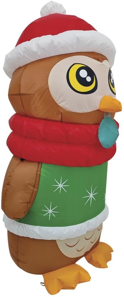 Christmas Owl Inflatable with LED Lights — 4 ft Lighted Holiday Yard Decoration with Stakes & Tethers for Indoor/Outdoor Use