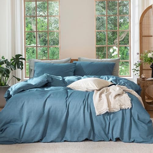 Image of MooMee Duvet Cover Set 100% Washed Cotton Linen Like Twin | Relaxed Linen-like Texture. Soft, Breathable & Long-lasting Comfort. Lightweight. Hidden Zipper with 8 Interior Corner Ties