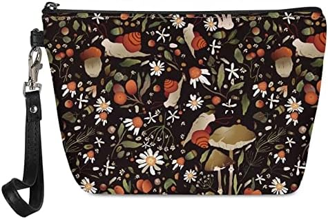 GIFTPUZZ Women Cosmetic Make Up Storage Bag Brown Mushroom Snail Printed Outdoor Shopping Coins Wallet Organizer PU Leather Purse with Zip and Wrist Strap