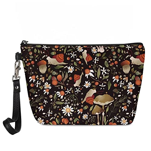 Giftpuzz Women Cosmetic Make Up Storage Bag Brown Mushroom Snail Printed Outdoor Shopping Coins Wallet Organizer Pu Leather Purse With Zip And Wrist Strap #TOP20