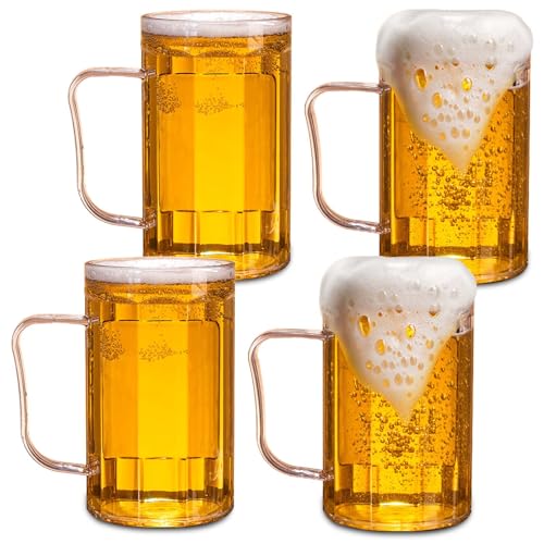 GOMETY Bicchieri da birra, 4 pezzi, 500 ml, in PET, riutilizzabili, con manico, classici, trasparenti, per casa, bar, picnic, Natale