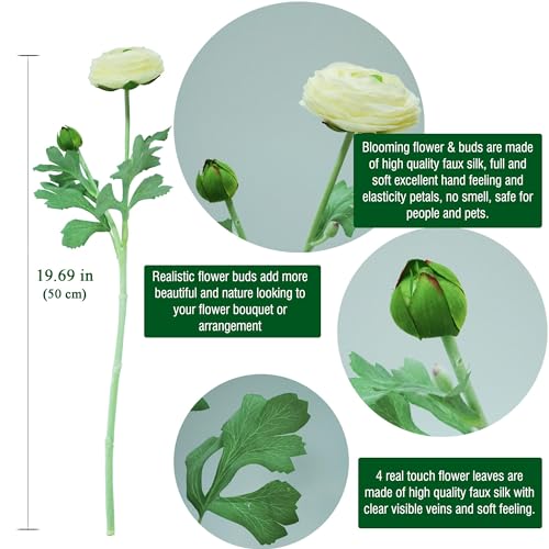 VOELIGT 10PCS Artificial Ranunculus Flowers with Real Touch Stem Silk Ranunculus Blooming Flowers Faux Leave for Home Decor Flowers Bouquet Ivory Mums Artificial Flowers