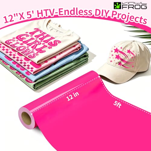 Image of VINYL FROG Hot Pink Heat Transfer Vinyl Roll 12 inch x5ft Matte HTV Vinyl | Neon Pink Iron on Vinyl for T-Shirts, Stretchy & Machine Washable Heat Press Vinyl for DIY Craft Designs