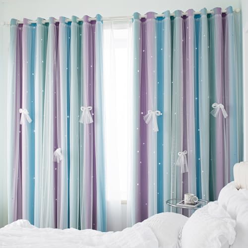 Image of Yancorp Curtains for Girls Bedroom Kids Curtain Hollow-Out Star Window Nursery Curtain 63 inches Length Room Darkening Grommet 2 Layers,1 PaneliE†Purple Teal Blue, W52 X L63