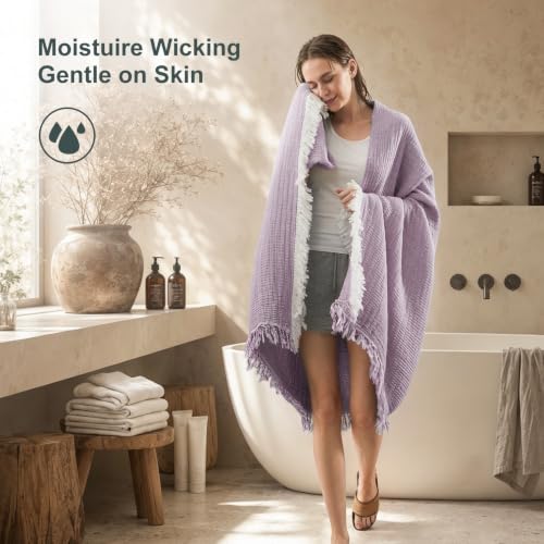 Image of EMME Muslin Queen Blanket with Tassels, 100% Cotton Gauze, Purple, 80 inchx90 inch | Soft Breathable Gauze Throw, Lightweight, Cozy for Adults Couch Sofa Bed, Gifts for Women Mom, Boho Home Decor, All Season