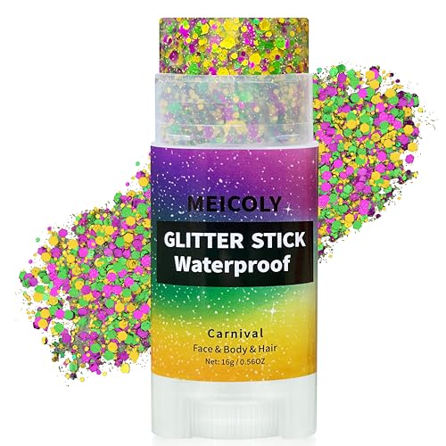 MEICOLY Mardi Gras Body Glitter Stick Hair Glitter Stick for Women Kids Gold Purple Green Spirit Wear Mardi Gras Outfit Accessories Sparkle Face Glitter Makeup for Parade Carnival Festival Party