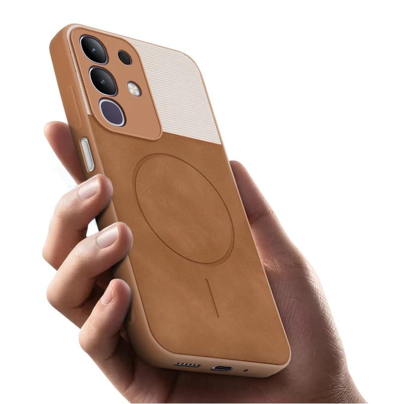 Image of Bintage case Dual-Leather Macc-Safe Design Phone Case| Soft Touch Finish | Full Camera Protectection Back Cover Compatible for iQOO I2404 / Z10x 5G - White & Nut Brown