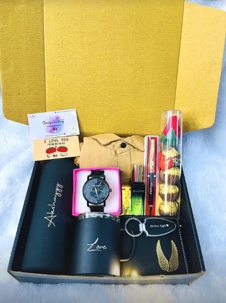 Image of Gift Set for Him - Personalized Hamper with Black Rubber Bottle, Shirt, Watch, Wallet, Mug, Pen, Perfume, LED Keychain, & More - Ideal for Birthday, Valentine Combo Set