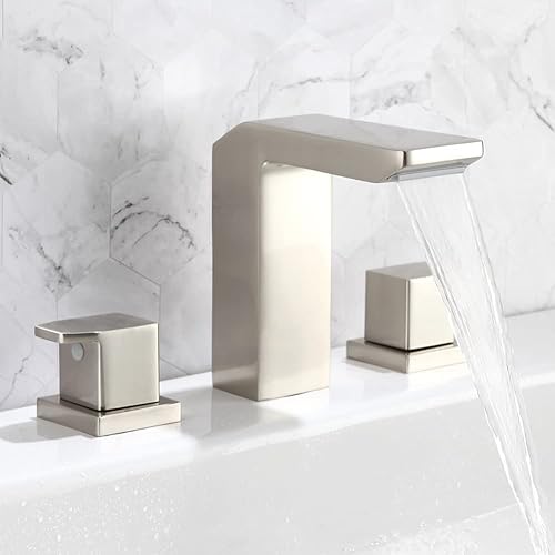 POP SANITARYWARE Grifo de lavabo de baño de níquel cepillado generalizado de 2 manijas para 3 agujeros, latón macizo, 8 pulgadas, cascada de baño,