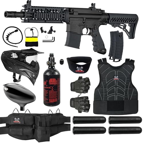 Maddog Tippmann TMC MAGFED Paintball Gun Marker & Accessory Starter Package | Protective Kit - Marker, 48ci/3000psi Compressed Air Tank, Mask, Hopper, Pods, Harness & Protective Gear - Black/Black
