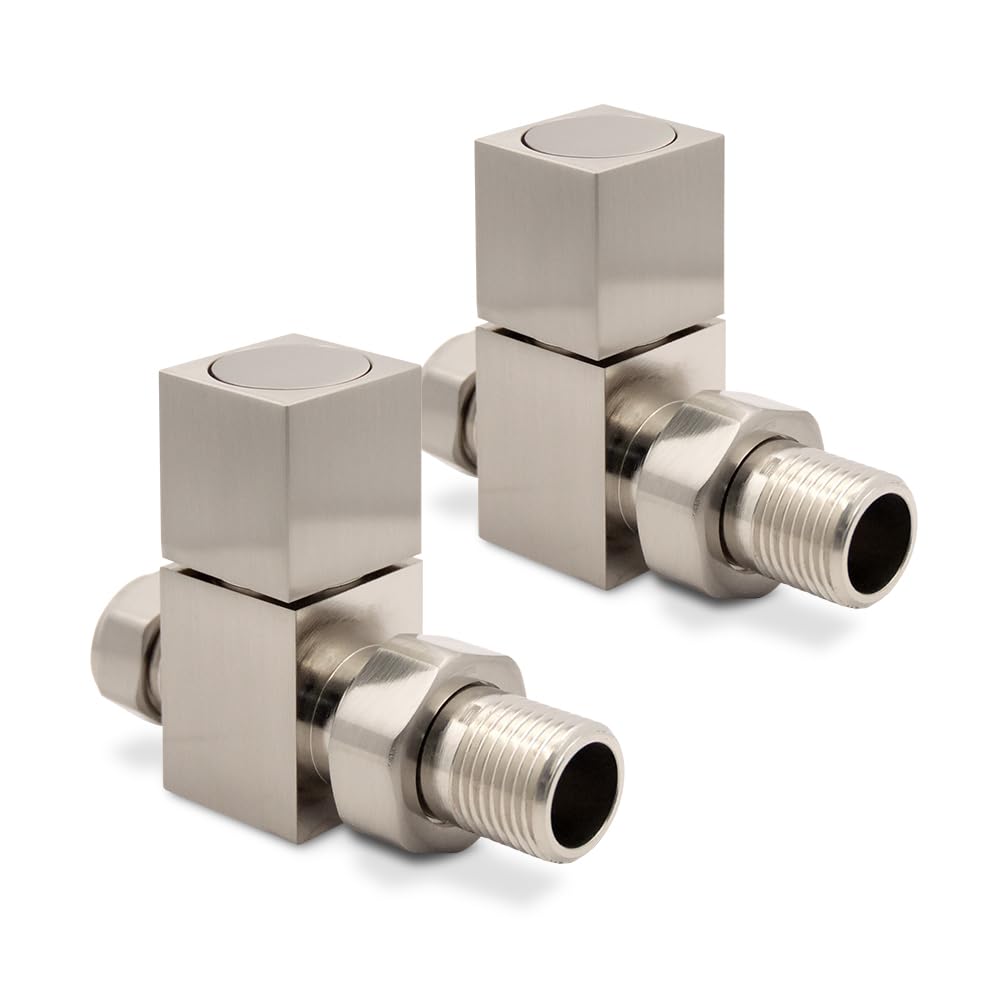 Straight Brushed Nickel Square (Cubic) Valves for Radiators & Towel Rails
