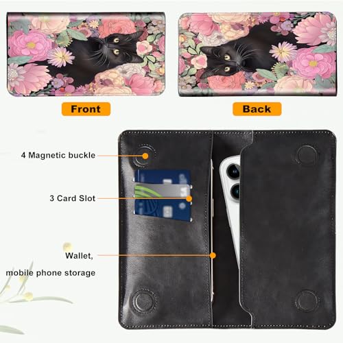 Wallet for Men Women & Phone Purse Wallet, RFID Blocking PU Leather Dual Magnetic Clasp Closure Phone Purse + Credit Card Holder for Phone Organizer Ladies Travel Purse,Black Cute Flowers Cat2