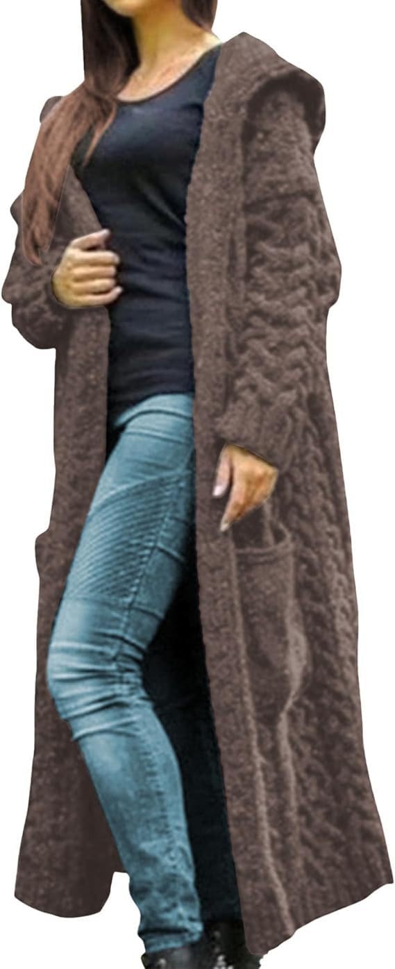 Cable Knit Long Cardigan Sweaters for Women Chunky Ribbed Hooded Sweaters Casual Fall Open Front Coat with Pockets