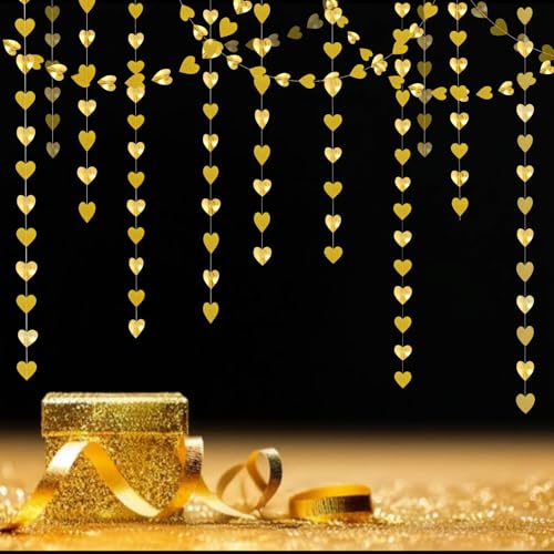 Image of Champagne-Gold Party-Decorations Heart Streamers Garland - 39Ft Graduation Wedding Engagement Hanging Paper Banner,Birthday Bachelorette Neutral Baby Bridal Shower Decor Banners