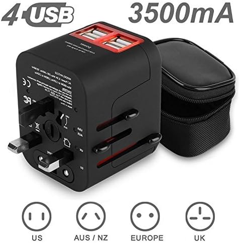 Travel Adapter,ADOKEY 3.5A 4 USB Ports Worldwide Travel Adapter,International All in One Worldwide Travel Converter Plug Built-in Fuse AC Power Wall Charger for US EU AU UK & Europe (WK)