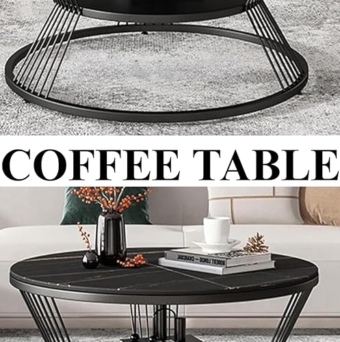 Image of Handmade Round Coffee, Nesting, Side, or Center Table with a Metal Base and a Marble-Finished Wooden top for The Living Room, Drawing Room, or Balcony (Black)