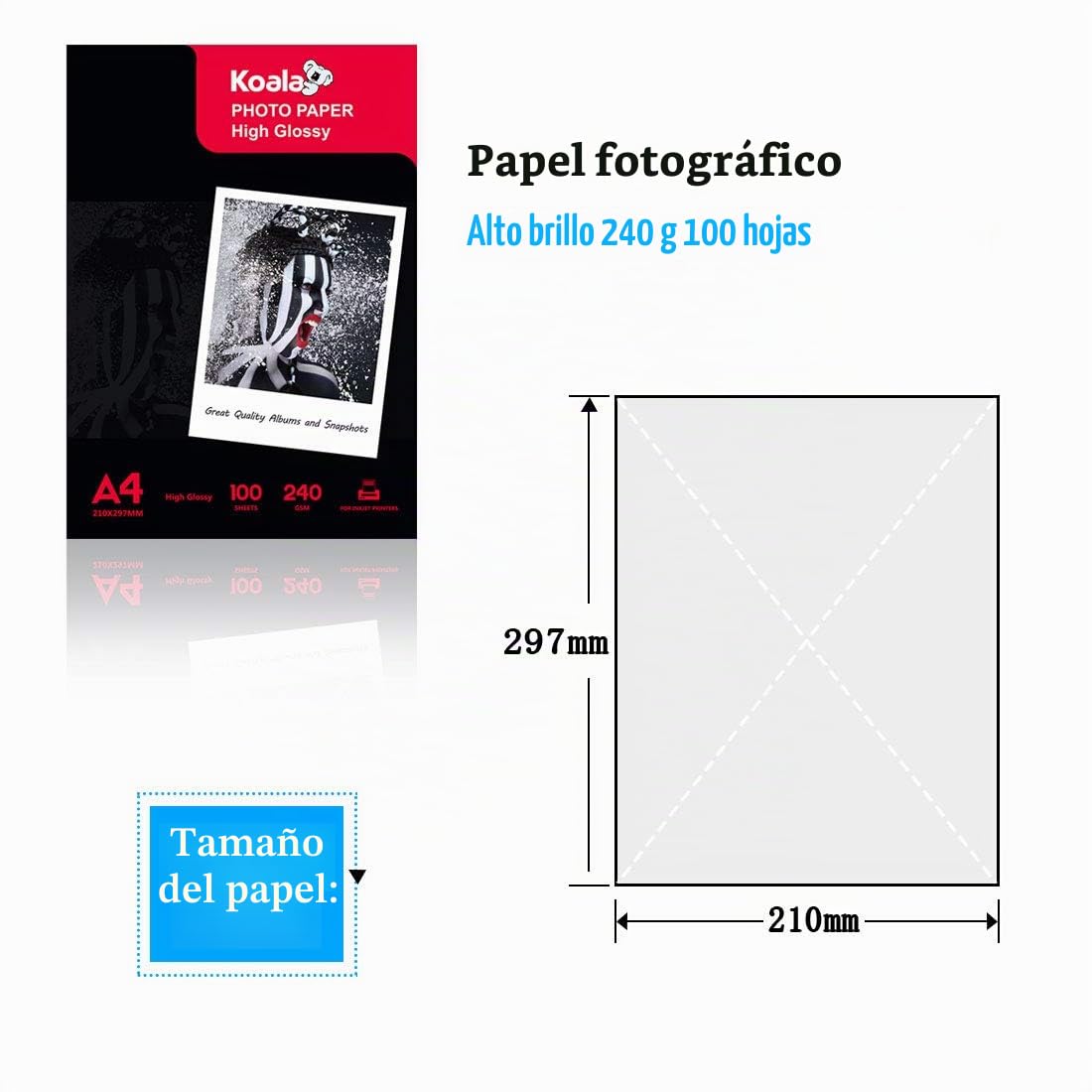 KOALA Papel fotográfico de Brillante, A4, 100 hojas, 240 g/m², para impresora de inyección de tinta Canon HP Epson