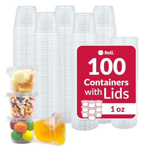 Reli. 1 oz Condiment Containers with Lids (100 sets) | Ideal for Sauce Souffle Samples Jello Shot Cups | Disposable BPA-Free Plastic | Small Containers 1oz Bulk