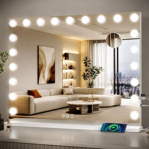 Image of ROLOVE 39.4 inch x 27.6 inch Extra Large Hollywood Vanity Mirror with Lights, 3 Color Lighting Modes, 10X Magnifying Mirror, Touch Control, Tabletop or Wall Mounted Makeup Mirror, White