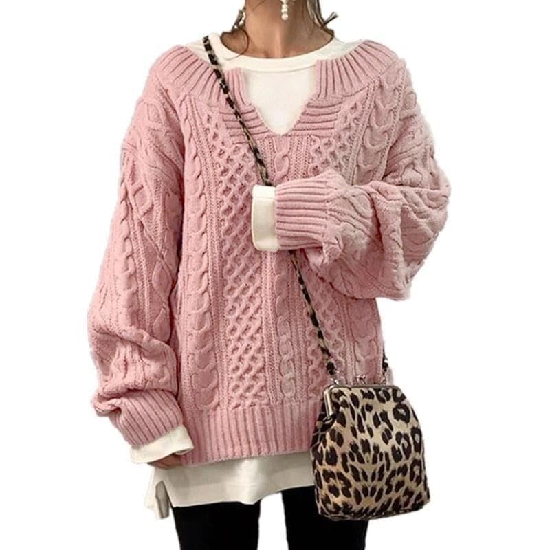 Womens Cable Knit Sweater V Neck Long Sleeve Chunky Ribbed Sweater Casual Oversized Pullover Top Early Fall Fashion