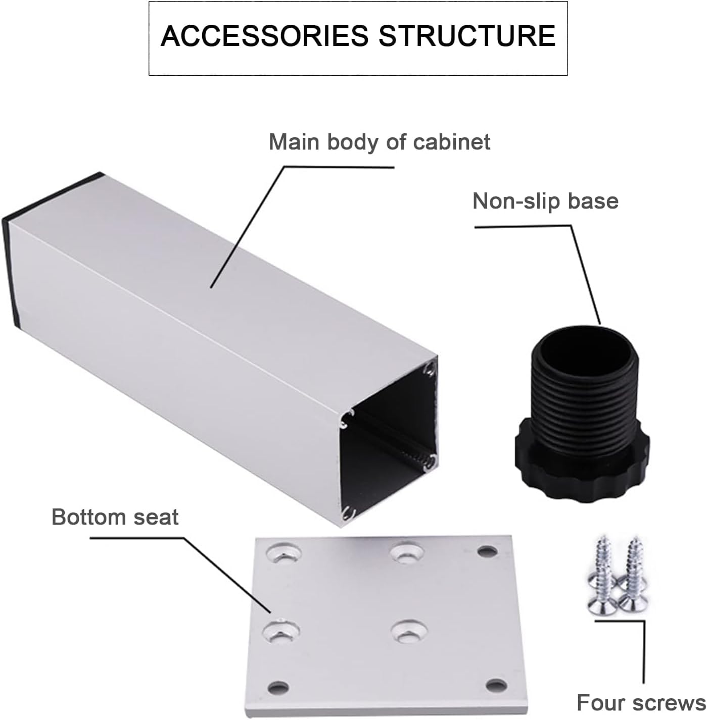 金属製家具脚、アルミニウム合金サポート脚、四角い厚みのある家具脚、ネジ付き、ソファチェア用4本 (Color : Black, Si