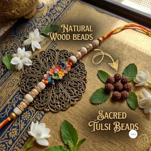 Image of Original Tulsi Rakhi for Brother | Handmade Natural Tulsi Beads Rakhi | Sacred Raksha Bandhan Rakhis for Boys | Traditional Spiritual Rakhi Gift