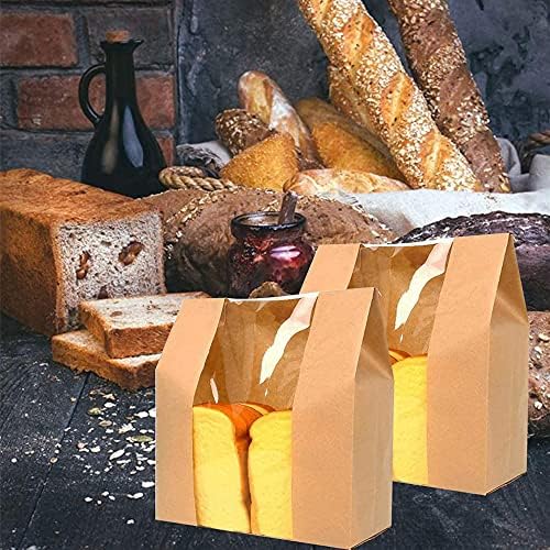 50 Pieces Kraft Food Packaging Storage, Bread Toast Bags, Bakery Bag with Window, Bread Paper Bag, Bread Bakery Bag, for Bread Cake Chocolate Candy Snack Packaging