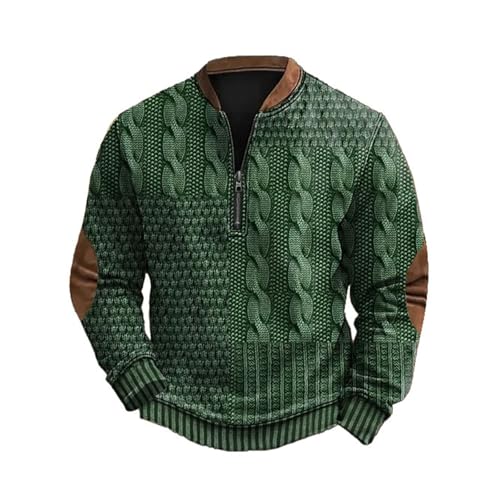 Sudadera de punto con cremallera de un cuarto para hombre, estilo vaquero occidental, manga larga, cuello con cuello y parche en el codo, ropa de otoño e invierno, verde, 3XL