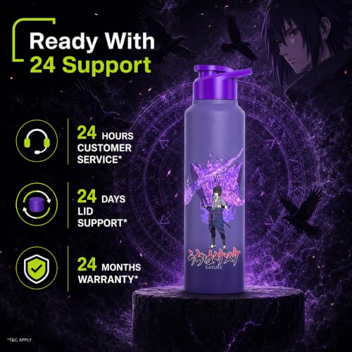 Image of Water Bottle 950ml Stainless Steel Sports /Fridge Bottle with Sipper Cap | 1-Year Warranty | Single Wall| For Home, Office, Gym, Travelling | Lightweight | Naruto Ninja | Purple-Sasuke