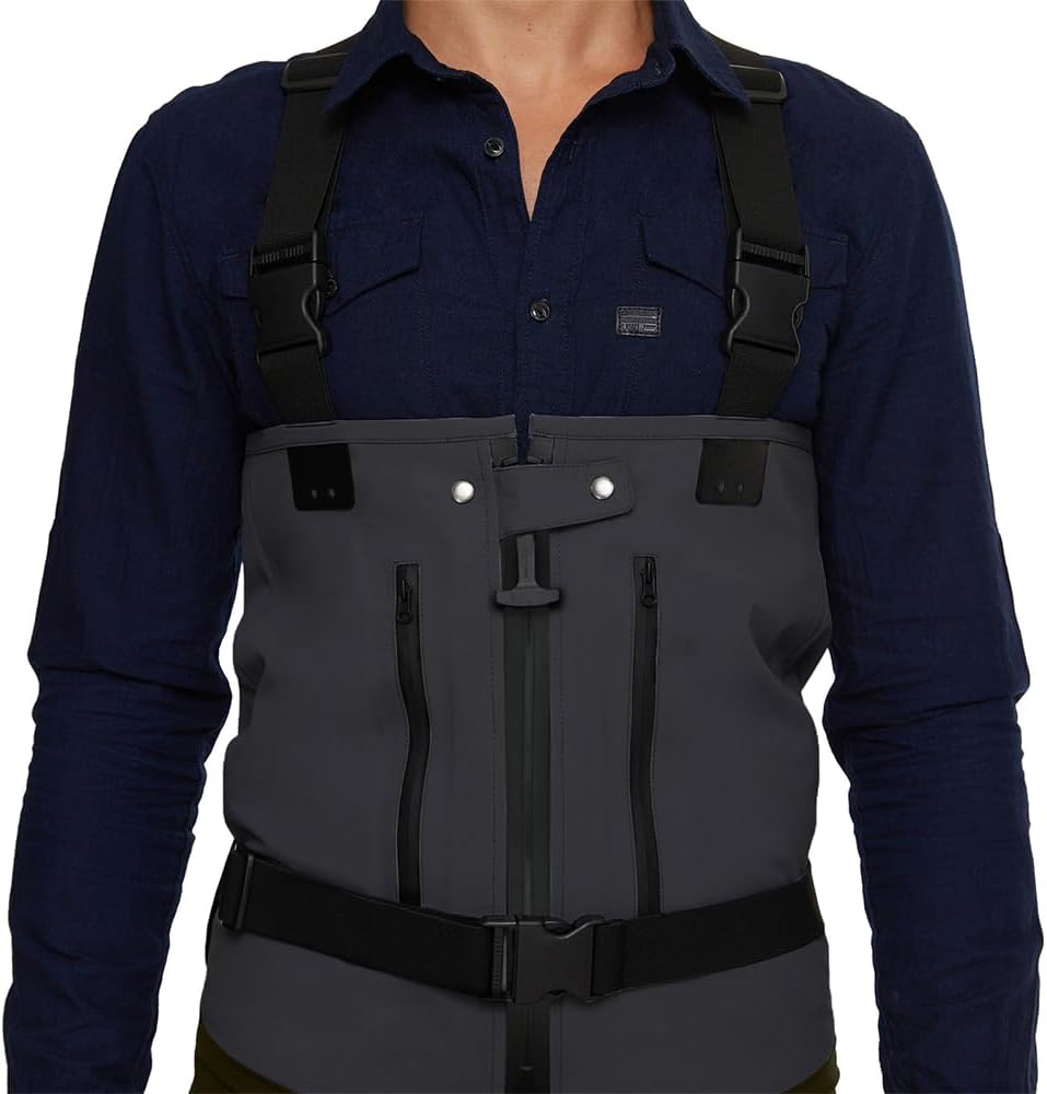 Fishing Waders Zip-Front Chest Waterproof Zippered Stockingfoot Grey Brown Two Pockets Waders with Buckle Seams Upstream Wading Gear for Hunting