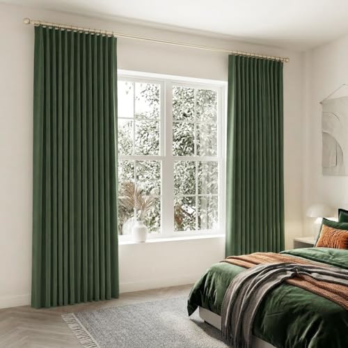 Olive Green Silk Blackout Floor to Ceiling Curtains for Track System, 96 + Inch Long Hotel Style Floor Length High Ceiling Track Drapes Rail Mount for Traverse Rod, Cortinas De Rieles Para Sala Techo