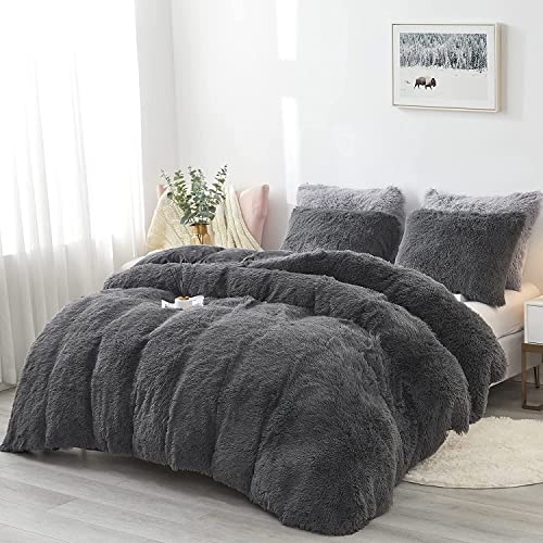 Sacebeleu Plüsch Bettwäsche Set 155x220cm Warme Winter Flauschig Flanell Biber Mädchen Dunkelgrau Grau Bettbezug Deckenbezug mit… – Ansicht 2