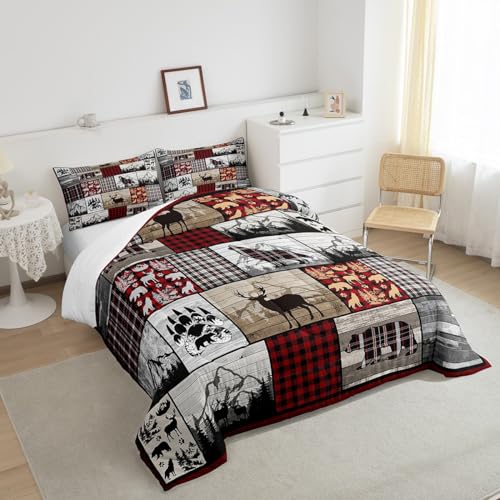 Image of Feelyou Plaid Deer Elk Bear Wolf Comforter Set for Girls Boys Rustic Cabin Farm Forest Camping Hunting Comforter Farm Forest Bedding Set Farmhouse Lodge Duvet Set Queen Size Quilt Set