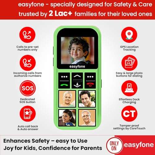 Image of Easyfone Star - Safety Device Cum Phone for Kids with SOS, GPS Tracking, Discreet Listening, Photo Dial, No Internet, 10 Days Battery Backup, Parental Control by Seniorworld - Green