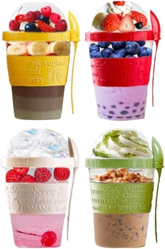 4All 4Pcs Yogurt Pots 20Oz Reuseable 600ml Oats With Lid & Spoon BPA free Breakfast Pots to Go Cereal Container On the Go Dishwasher Safe Lunch Oatmeal Jars (Set of 4 Red, Cream, Green & Yellow)